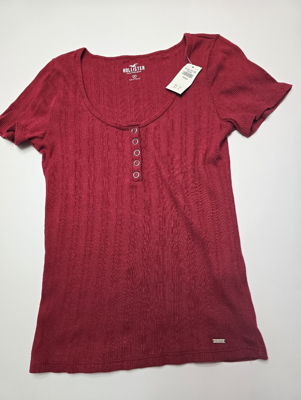 Hollister Women's Short Sleeve Ribbed Henley Top - Berry Red